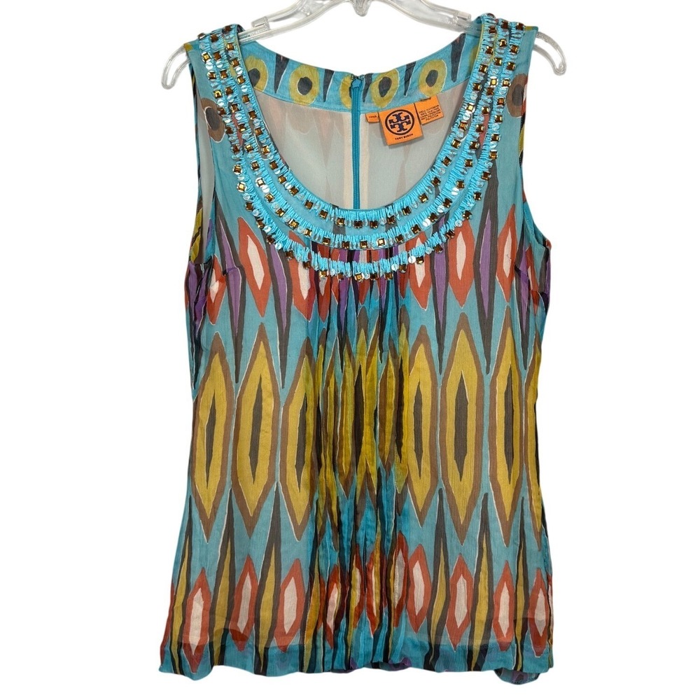 Tory Burch Silk Sleeveless Top Vibrant Ikat-Inspired Pattern Embellished, Size M